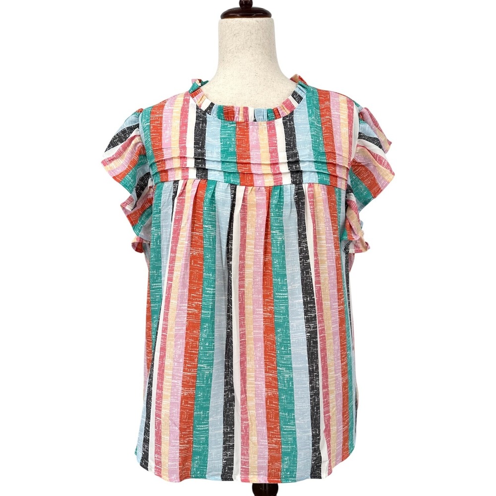 Striped Ruffle Sleeve Blouse in Pink, Teal & Coral